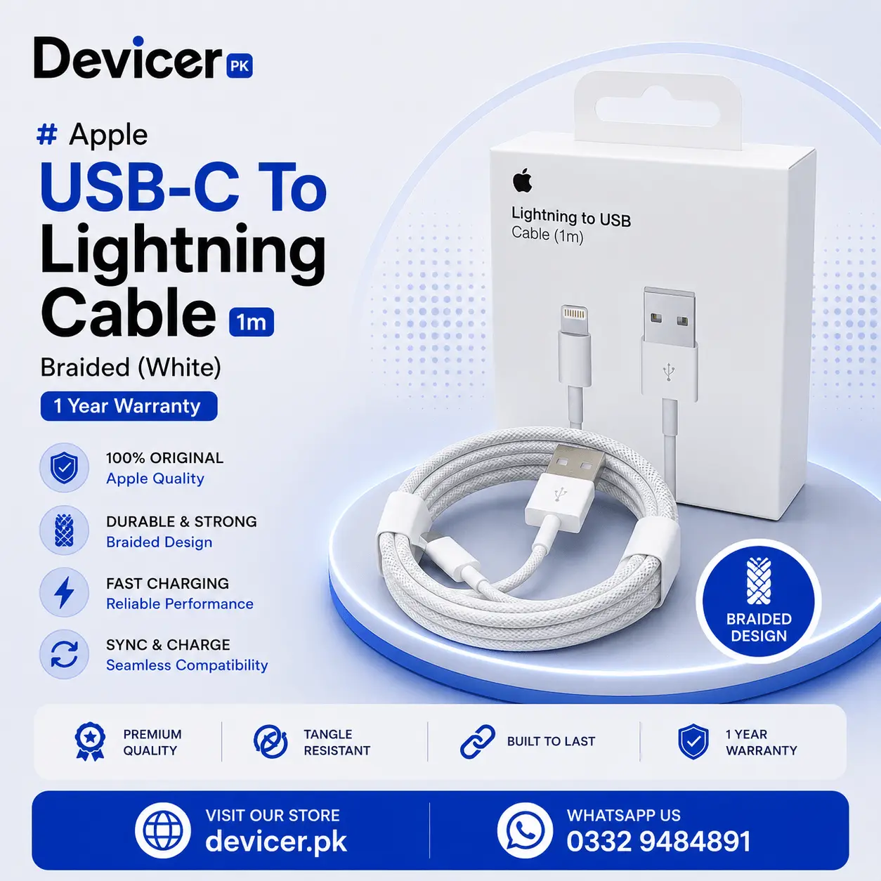 Apple USB-C To Lightning Cable 1m - Braided (White) - 1 Year Warranty - Image 1
