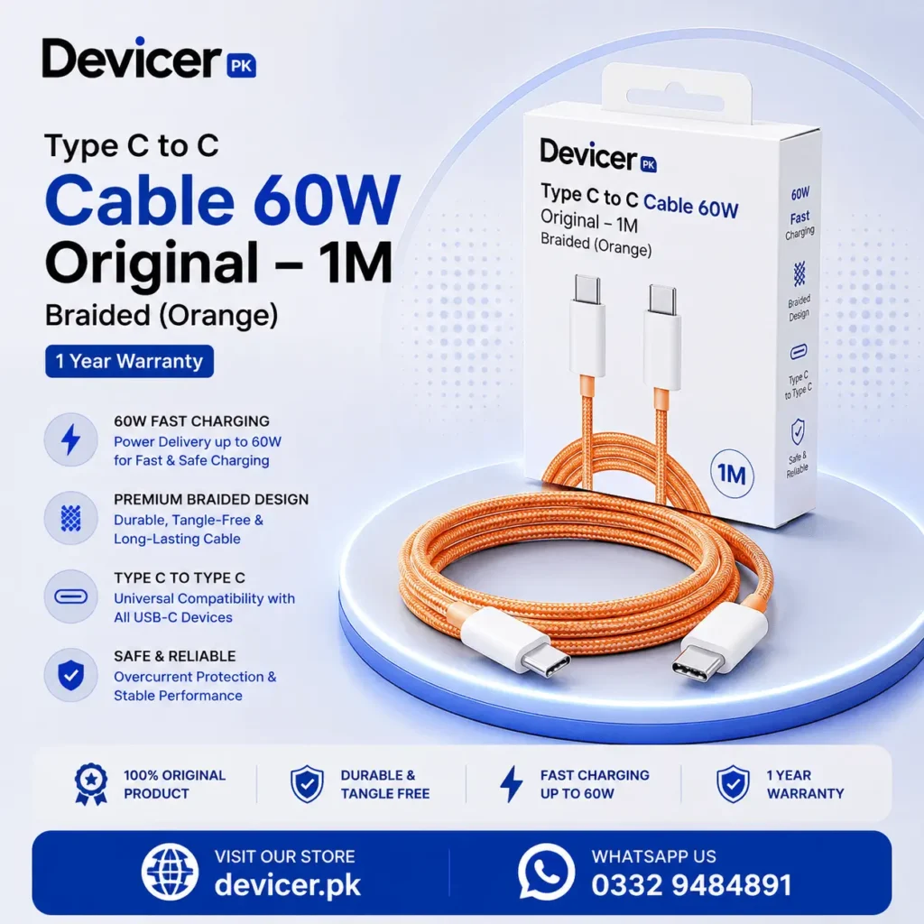 Type C to C Cable 60W Original - 1M Braided (Orange) - 1 Year Warranty